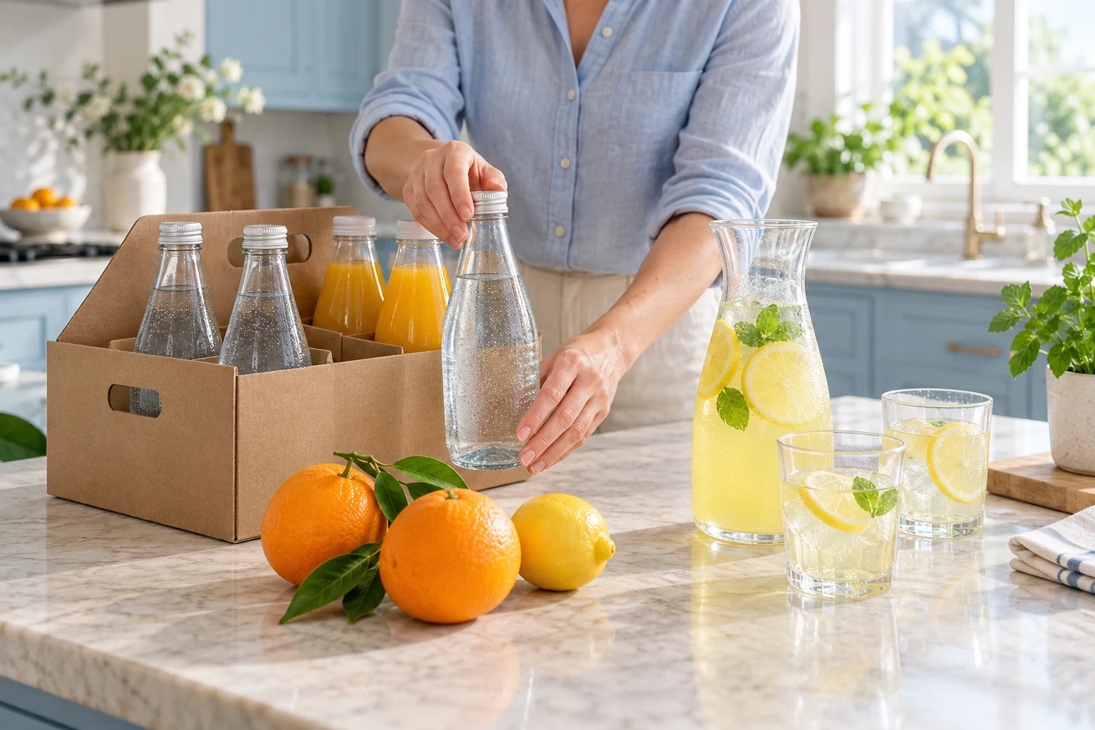 Water, orange juice and lemonade bottles in a delivery carrier