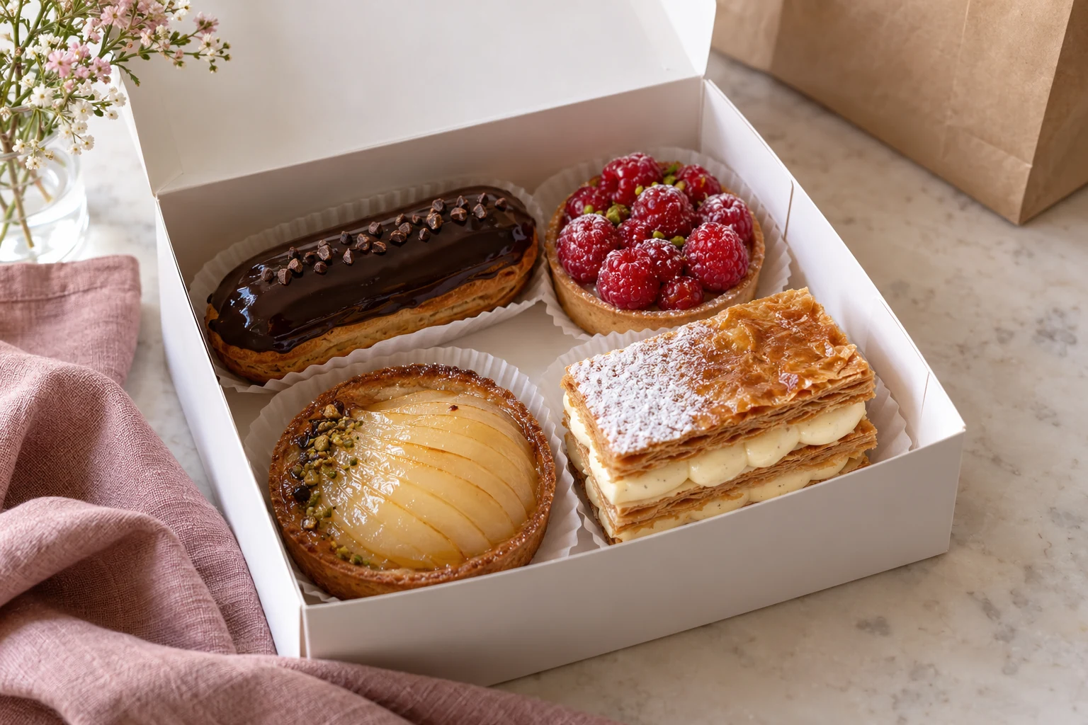 Éclair, raspberry tart, pear tart and mille-feuille in a pastry box