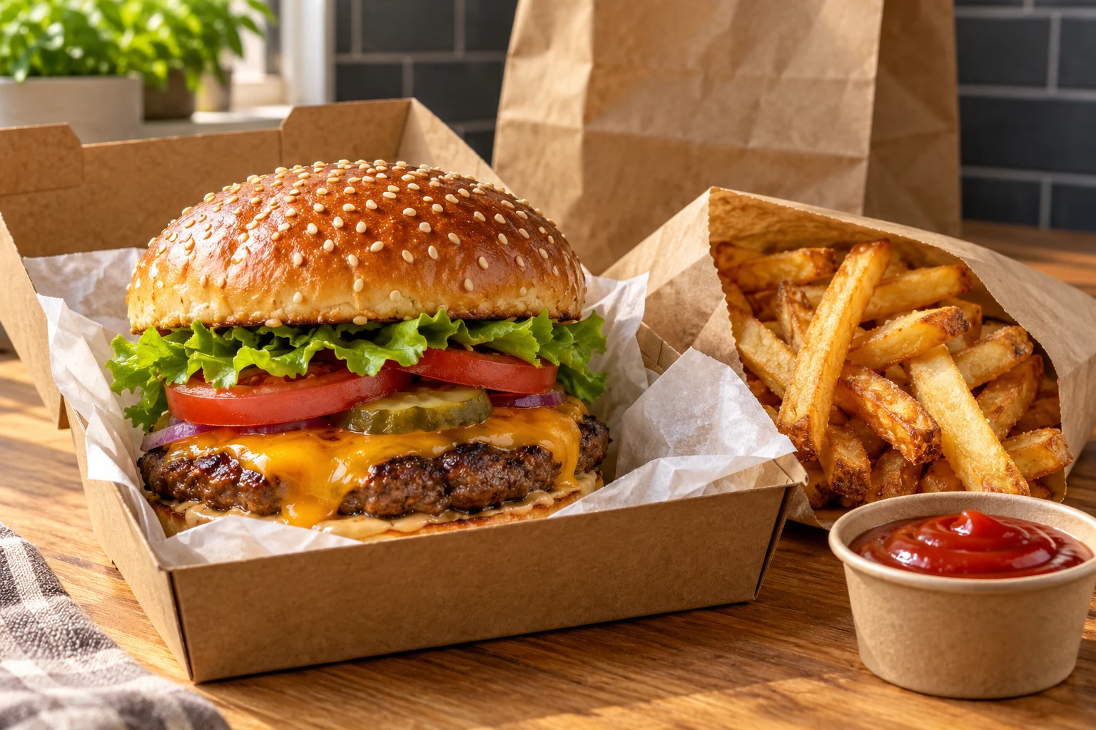 Artisan burger and fries in open delivery packaging
