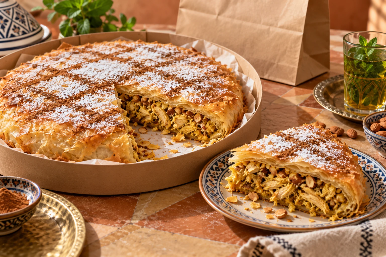 Golden chicken and almond pastilla with a portion cut open