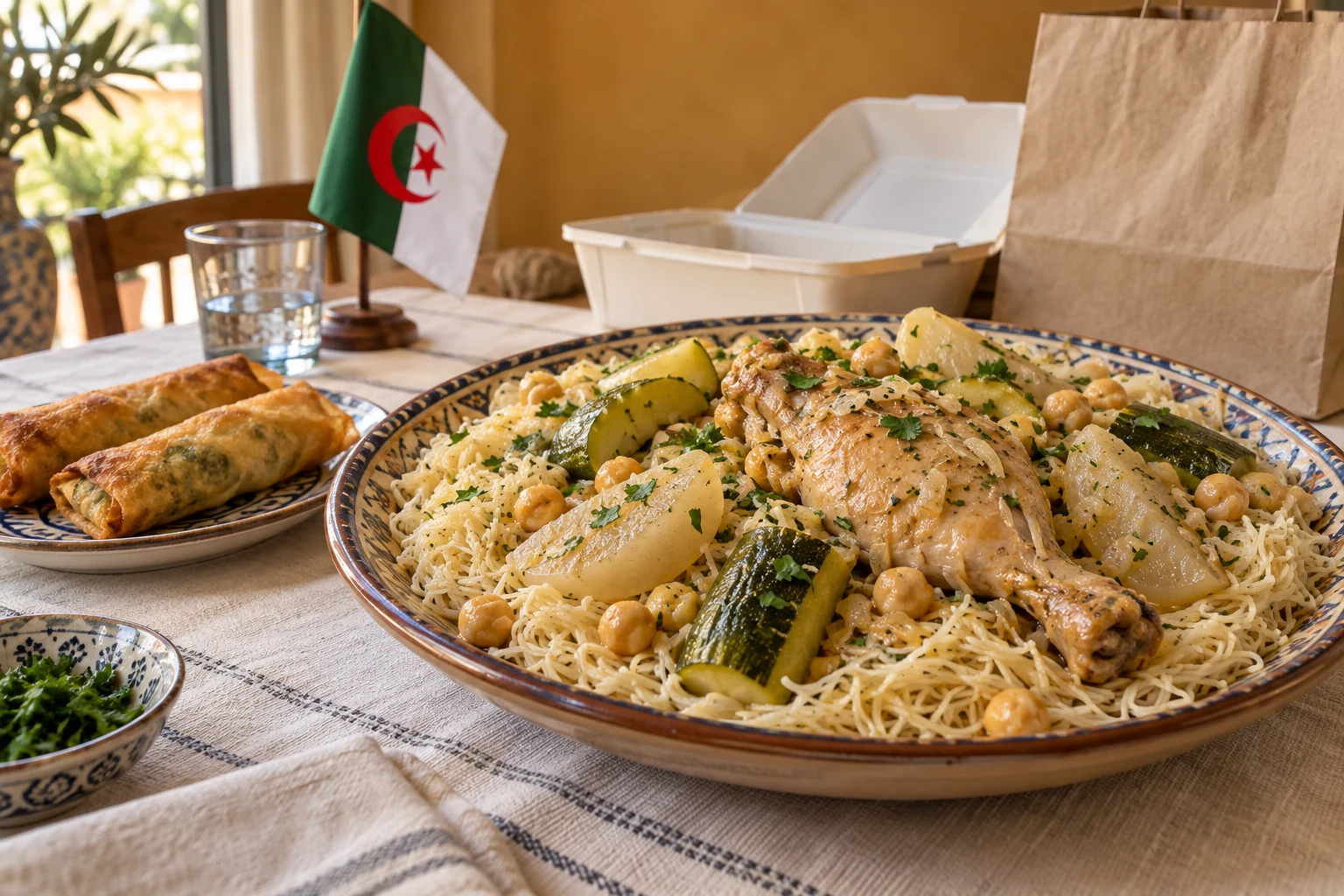 Rechta au poulet, pois chiches et légumes avec un petit drapeau algérien