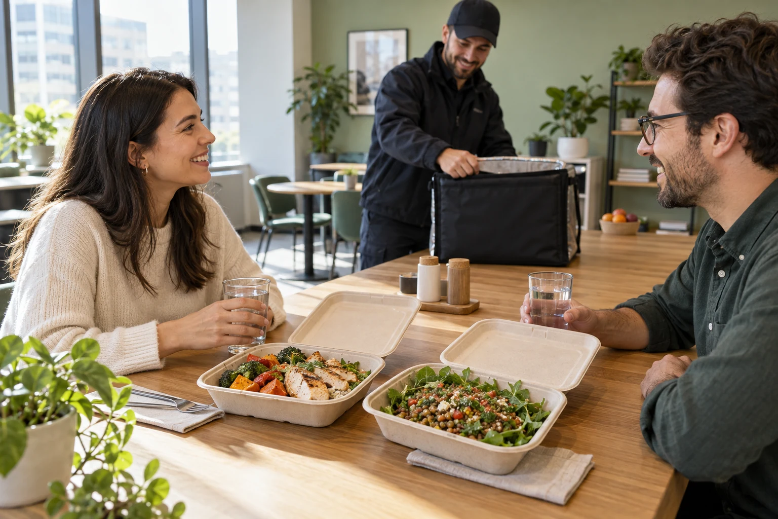 Two colleagues receive lunches in a bright office
