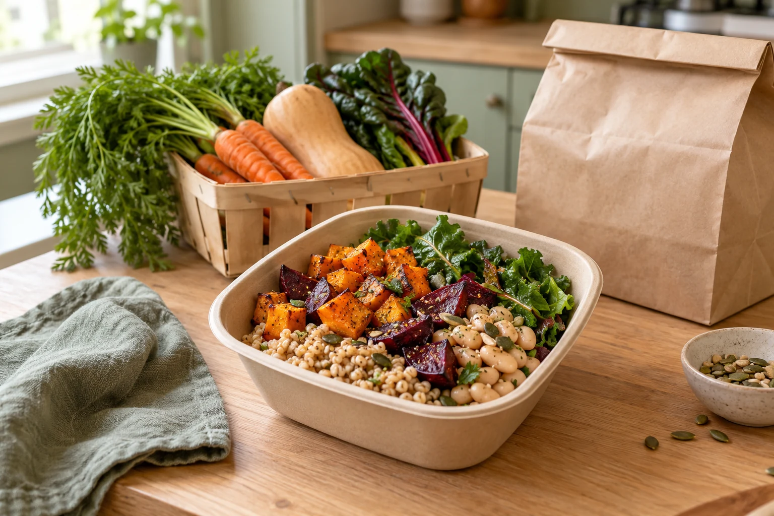 Vegetable and grain meal beside a basket of fresh produce