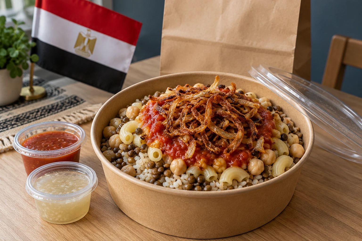 Koshari avec riz, pâtes, lentilles, sauce et oignons près d’un petit drapeau égyptien