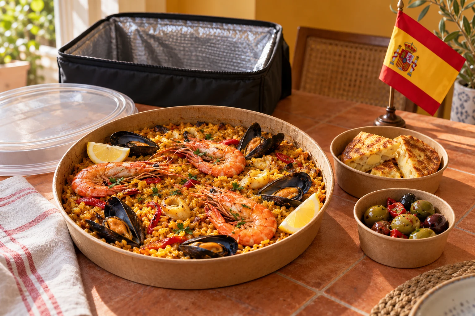 Seafood paella, tortilla and olives with a small Spanish flag