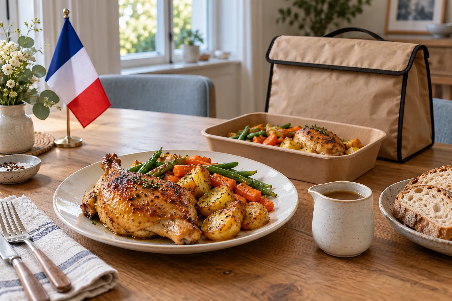 Roast chicken, potatoes and vegetables with a small French flag