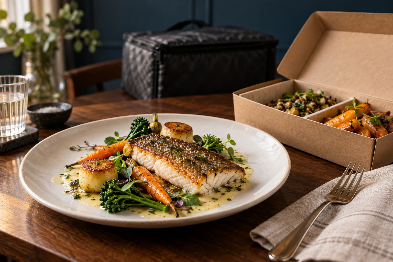 Fish, vegetables and potatoes plated beside delivery packaging