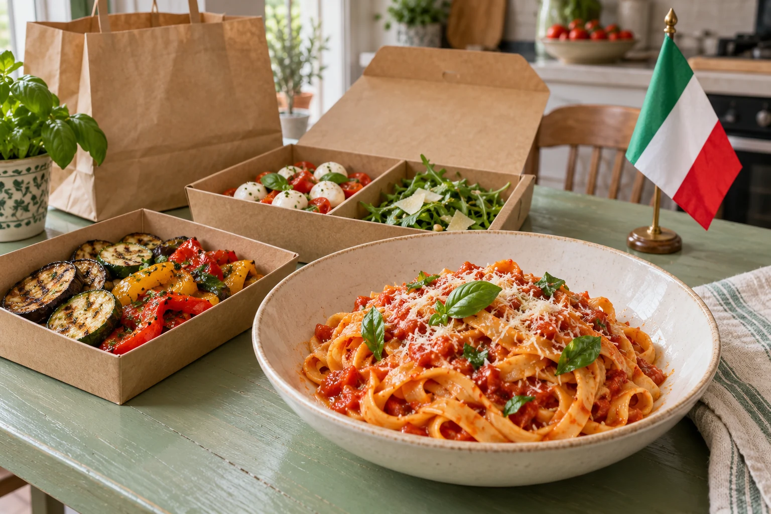 Tomato and basil pasta with antipasti and a small Italian flag