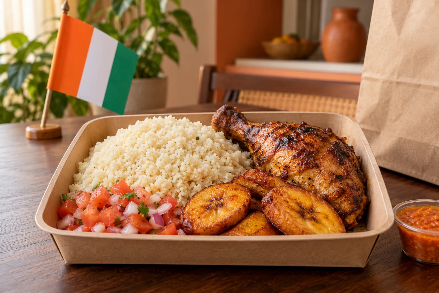 Attiéké, chicken and plantain with a small Ivorian flag