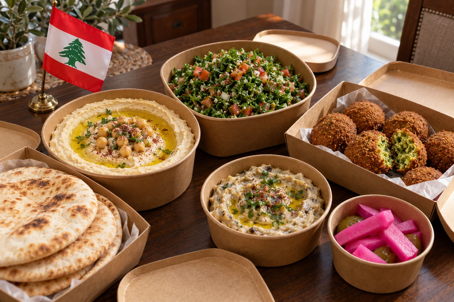 Houmous, taboulé, falafels et pita avec un petit drapeau libanais