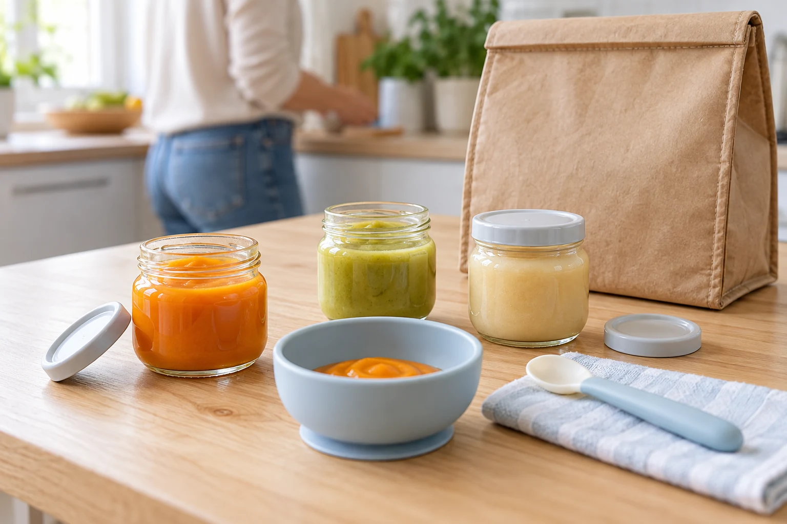 Three smooth purées beside a baby bowl and spoon