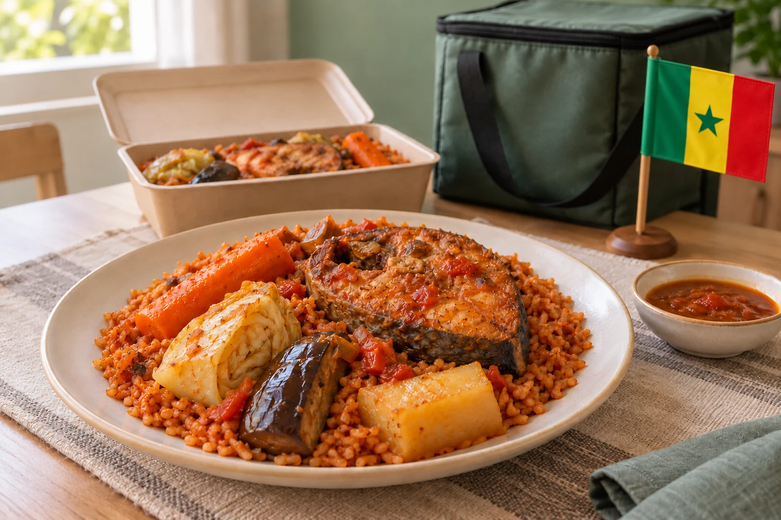 Riz au poisson et légumes avec un petit drapeau sénégalais