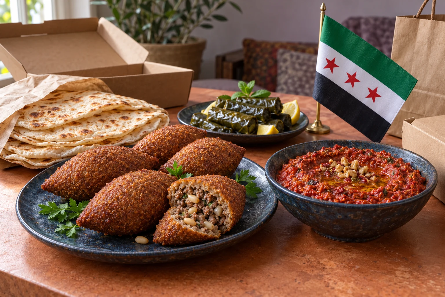 Kibbeh, muhammara, vine leaves and bread with a small Syrian flag