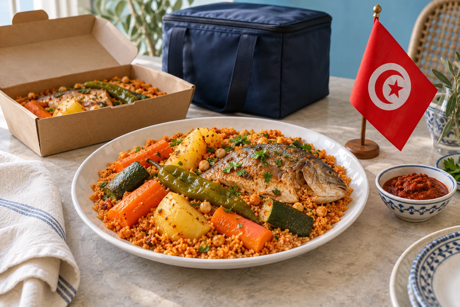 Fish and vegetable couscous with harissa and a small Tunisian flag