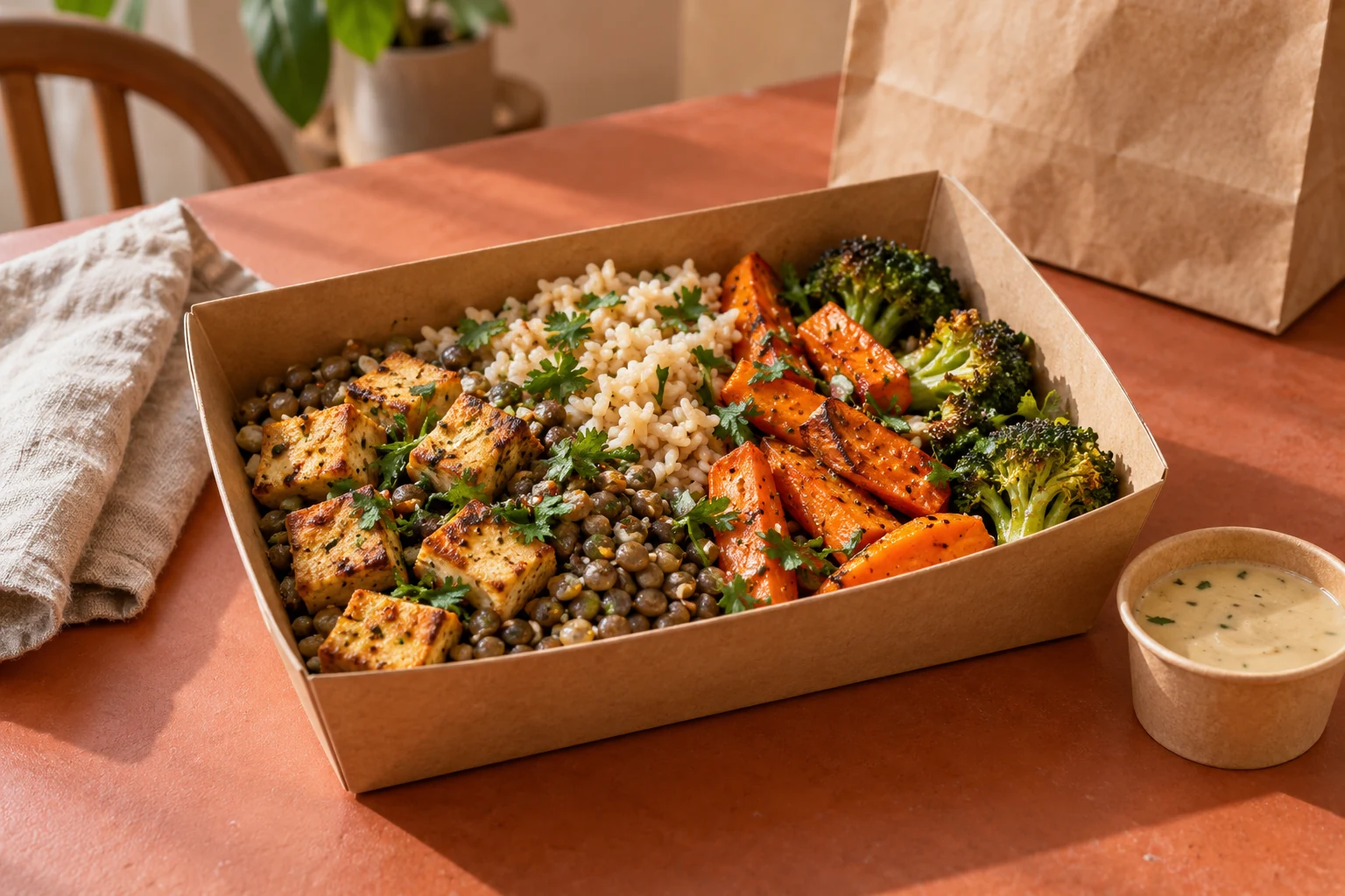 Tofu, lentils, rice and roasted vegetables on a table